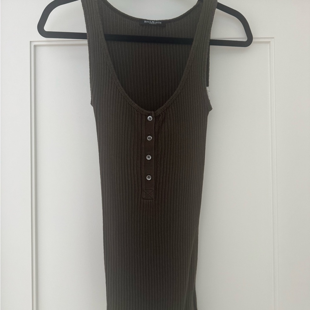 Balmain Olive Ribbed Tank top with Front Buttons